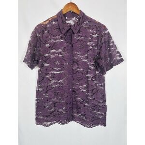 Women's Dark Purple Sheer Crochet Button Up Top Y2K Fairy Grunge Whimsigoth Boho